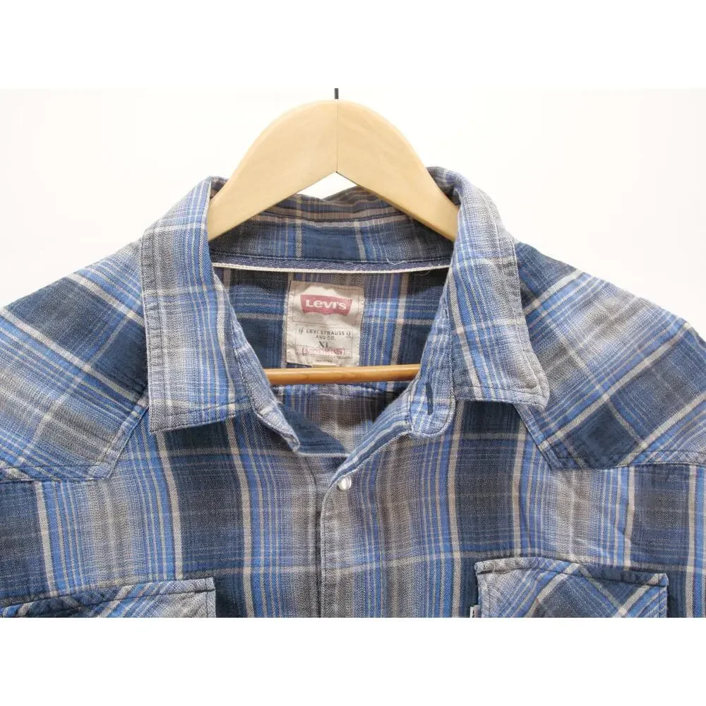Levis Flannel Shirt Mens XL Blue Plaid Long Sleeve Button Up Pearl BTN